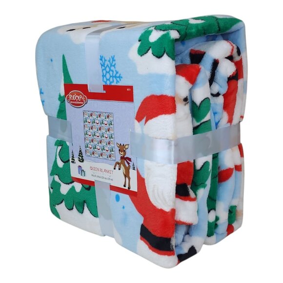 Rudolph The Red-Nosed Reindeer Queen Blanket 90" X 90" Christmas Theme Blue - Picture 3 of 8